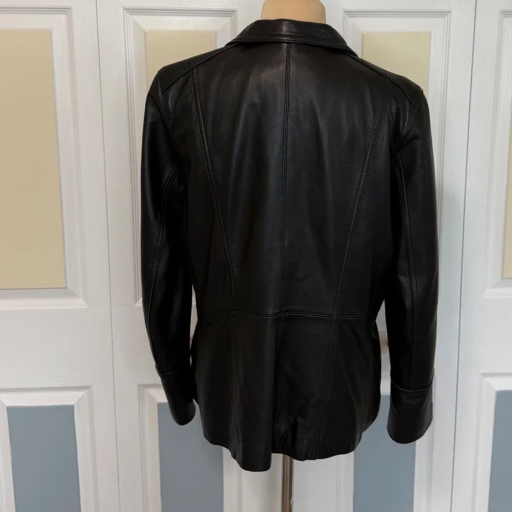 Nine West Black Genuine Leather Zip Up Collared Jacket Womens Large Petite L/P